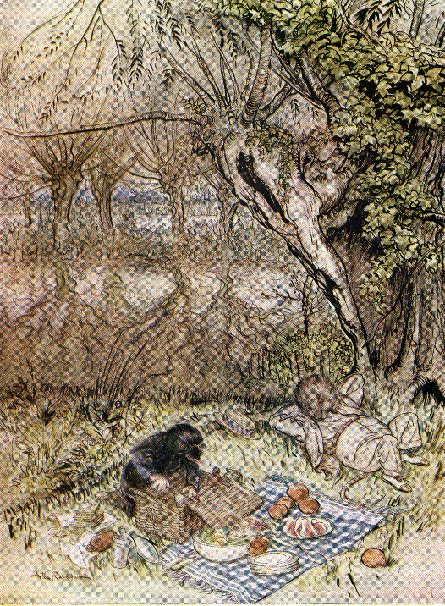 Arthur Rackham’s Riverbank Picnic in The Wind in the Willows (1940)