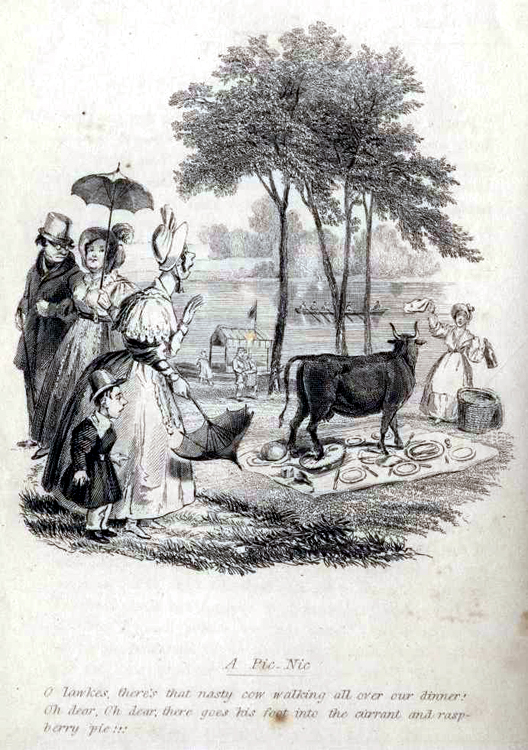 Robert Seymour’s The Pic-Nic: “O lawkes, there’s that nasty cow walking all over our dinner!” (1834-36)