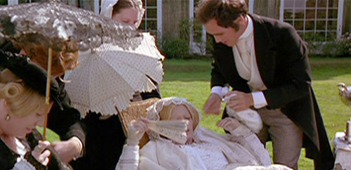 Philip Haas. Angels & Insects (1995). Screenplay by Philip Haas and Belinda Haas based on A.S. Byatt’s novella Morpho Eugenia in Angels & Insects (1992). Metro-Goldwyn-Mayer. Picnickers are pestered by the falling ants. William (Mark Rylance) tries vainly to help Eugenia (Patsy Kinsit).
