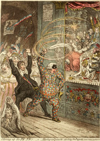 Sarcasm in James Gillray’s “Blowing up the Pic Nics, or, Harlequin Quixote Attacking the Puppets” (1802)